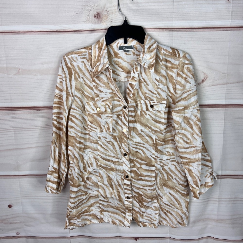 JM Collection Top Womens 6 Beige White Print Linen Shirt Button Up 3/4 Sleeve